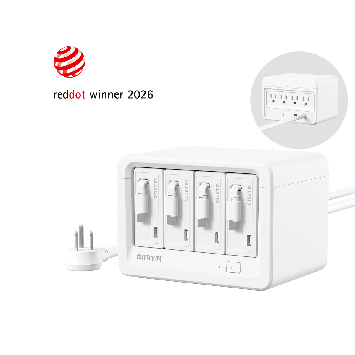 Gitryin 12-in-1 デスクトップ充電ステーション（65Wコンボ）製品画像：ホワイトの本体、内蔵巻き取り式充電ケーブル、背面コンセント